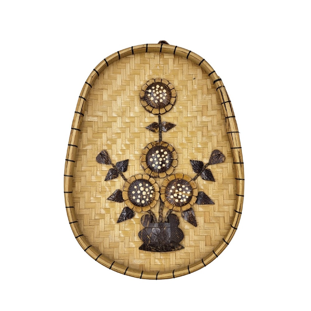 Vintage Hanging Wicker Hand-carved Coconut Shells Flowers Basket Rattan Boho 70s